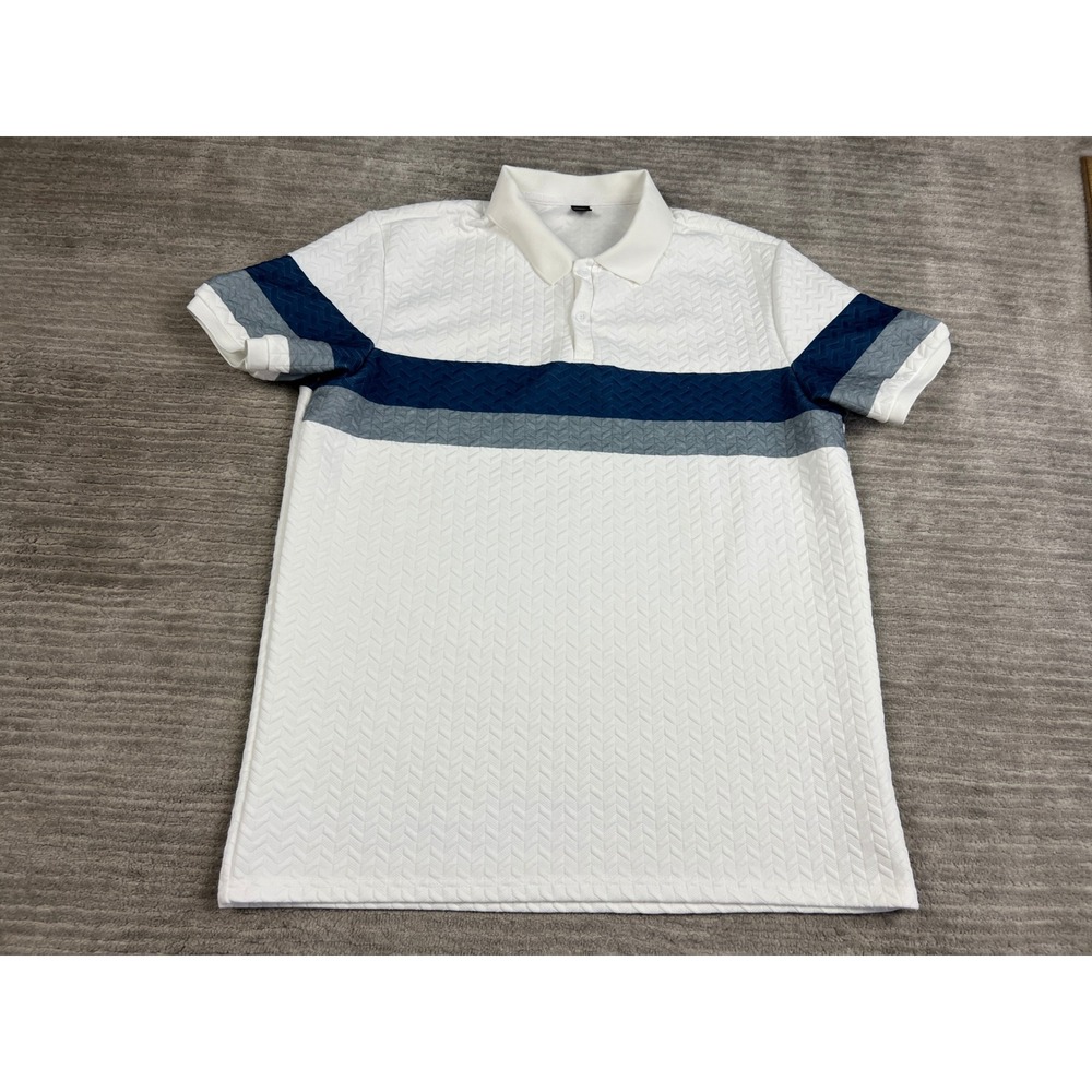 Manfinity Polo Shirt Mens XL White Blue Colorblock Textured Chevron Knit S/S